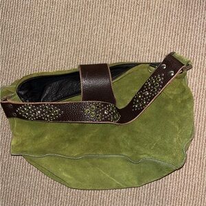 Tylie Malibu Green Suede purse with rhinestones and Brown Leather Straps